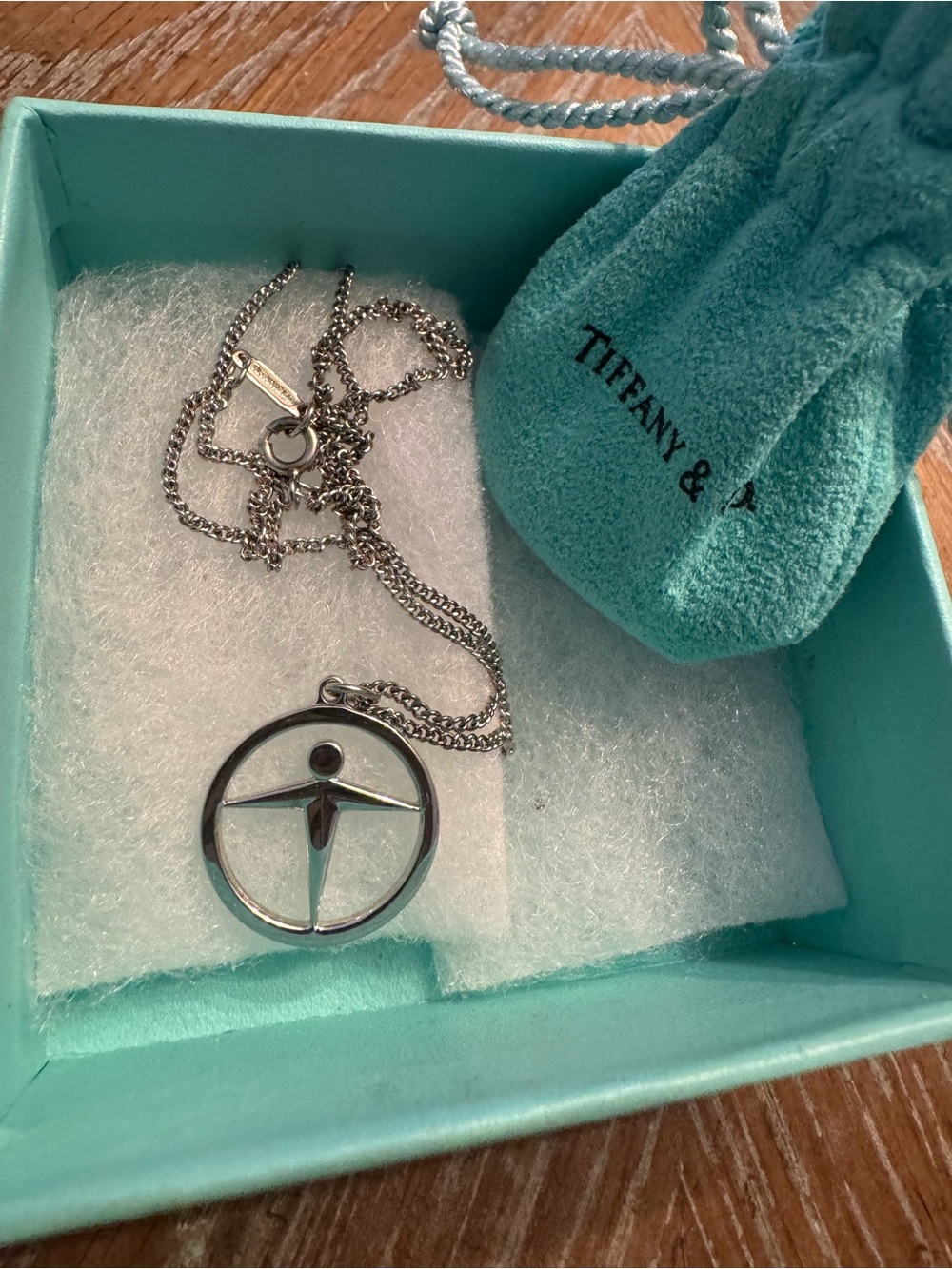 Tiffany & Co. Sterling Silver Circle Figure Pendant Necklace — Teal Pouch